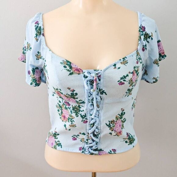 SO Tops - SO Lace Up Peasant Tiny Top Blue Floral